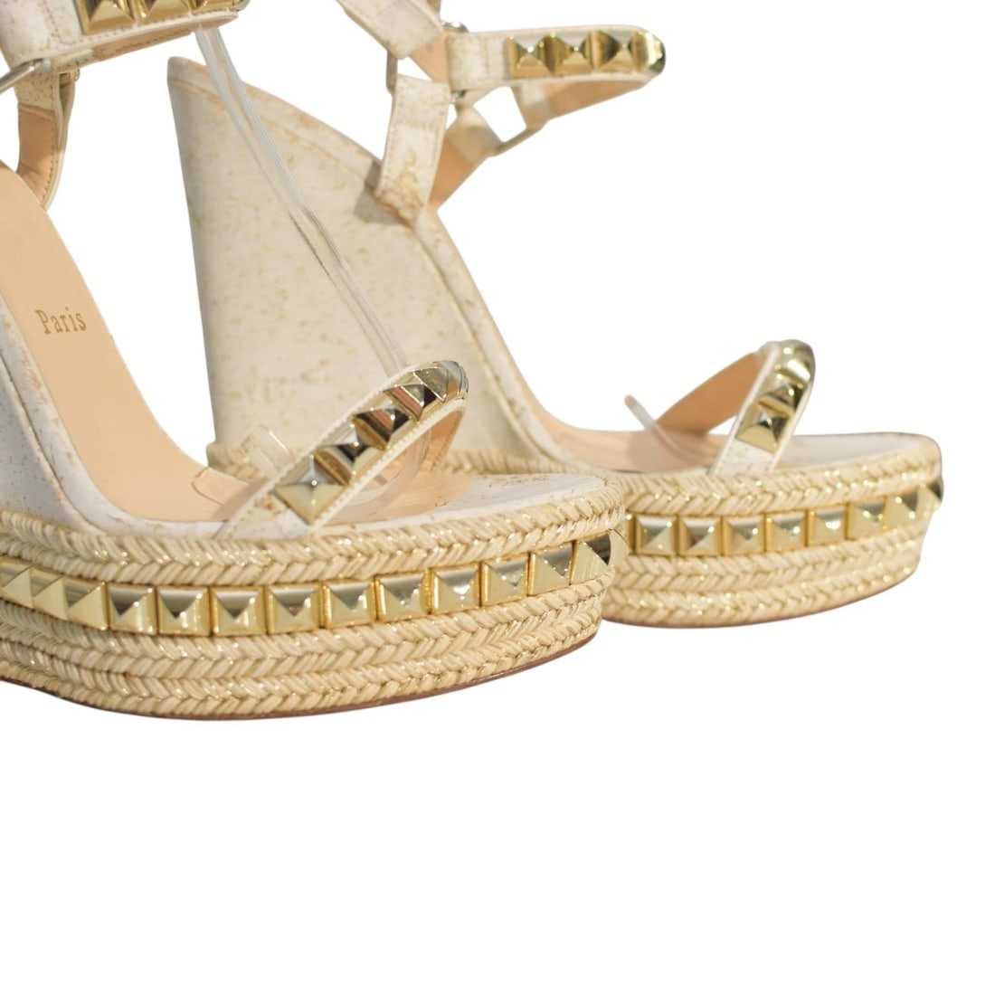 Christian Louboutin Cataclou White/Gold Studded Espadrille Wedge Sandals sz 9 - 9