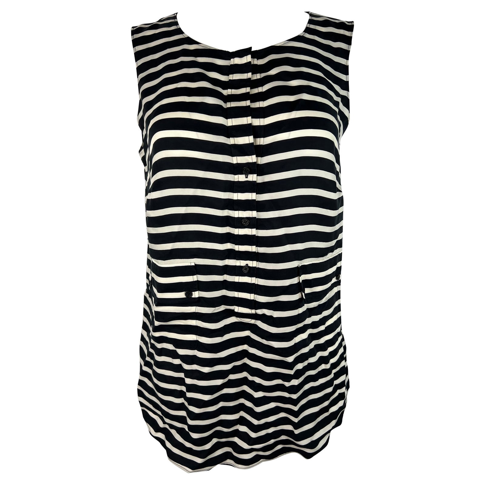 Aris Punto Navy and White Striped Top: Product details: The shirt features navy and white striped pattern with front half button closure, front dual pockets detail. Reserve: $280.00 Shipping:Domestic: Flat-rate of $85.99 to