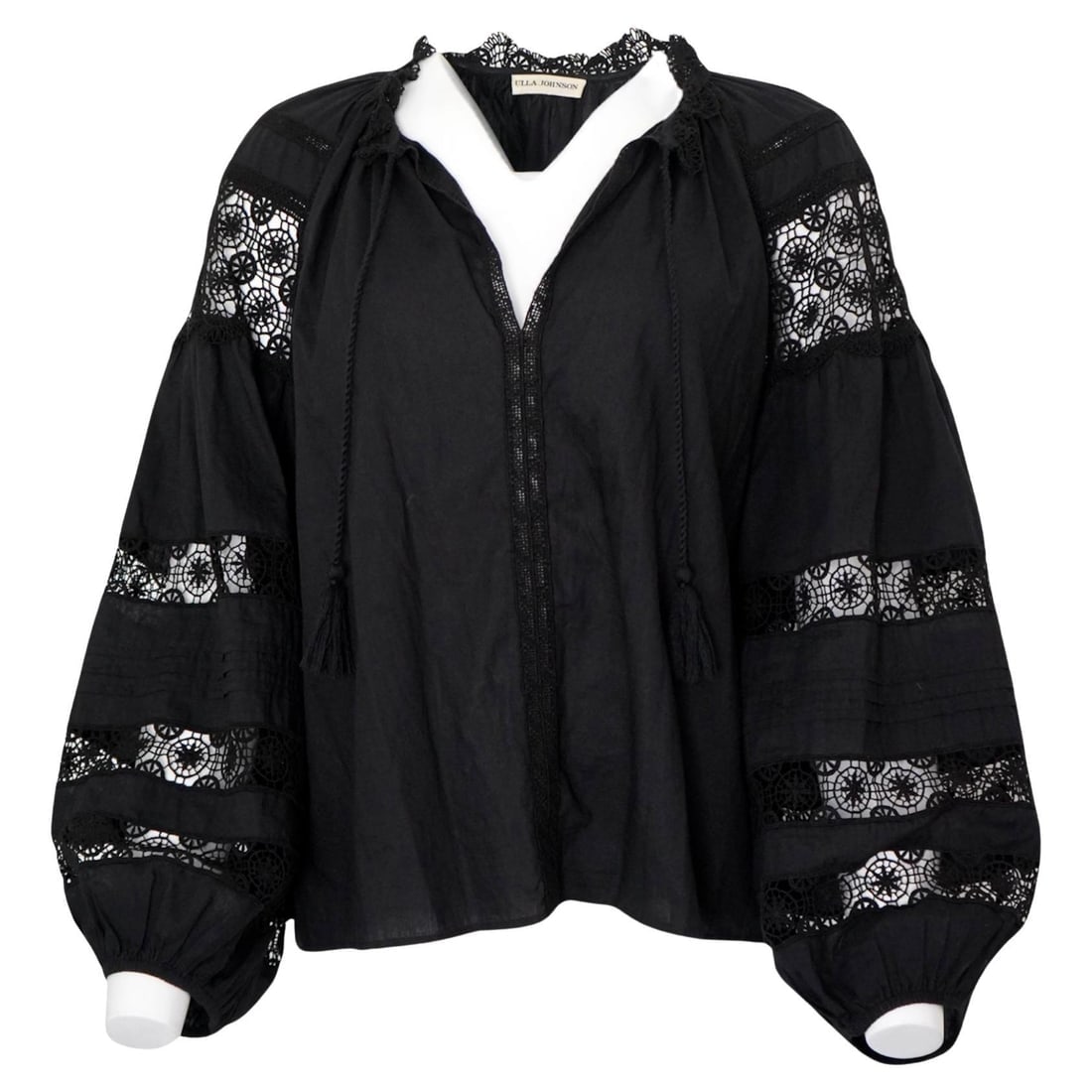 Ulla Johnson Black Crochet Trim Puff Sleeve Blouse Size 8: Breezy crochet trims enliven this peasant blouse. Instead of tees, pair this piece with your go-to jeans to create a feminine look. Size 8. -Splitneck -Long puff sleeves -Elasticized cuffs -Front tie