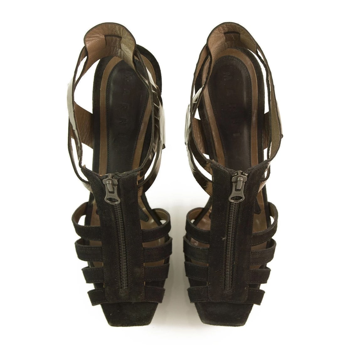 Marni Black Suede and Metallic Leather Cage Sandal Platforms - Sz38 - 6