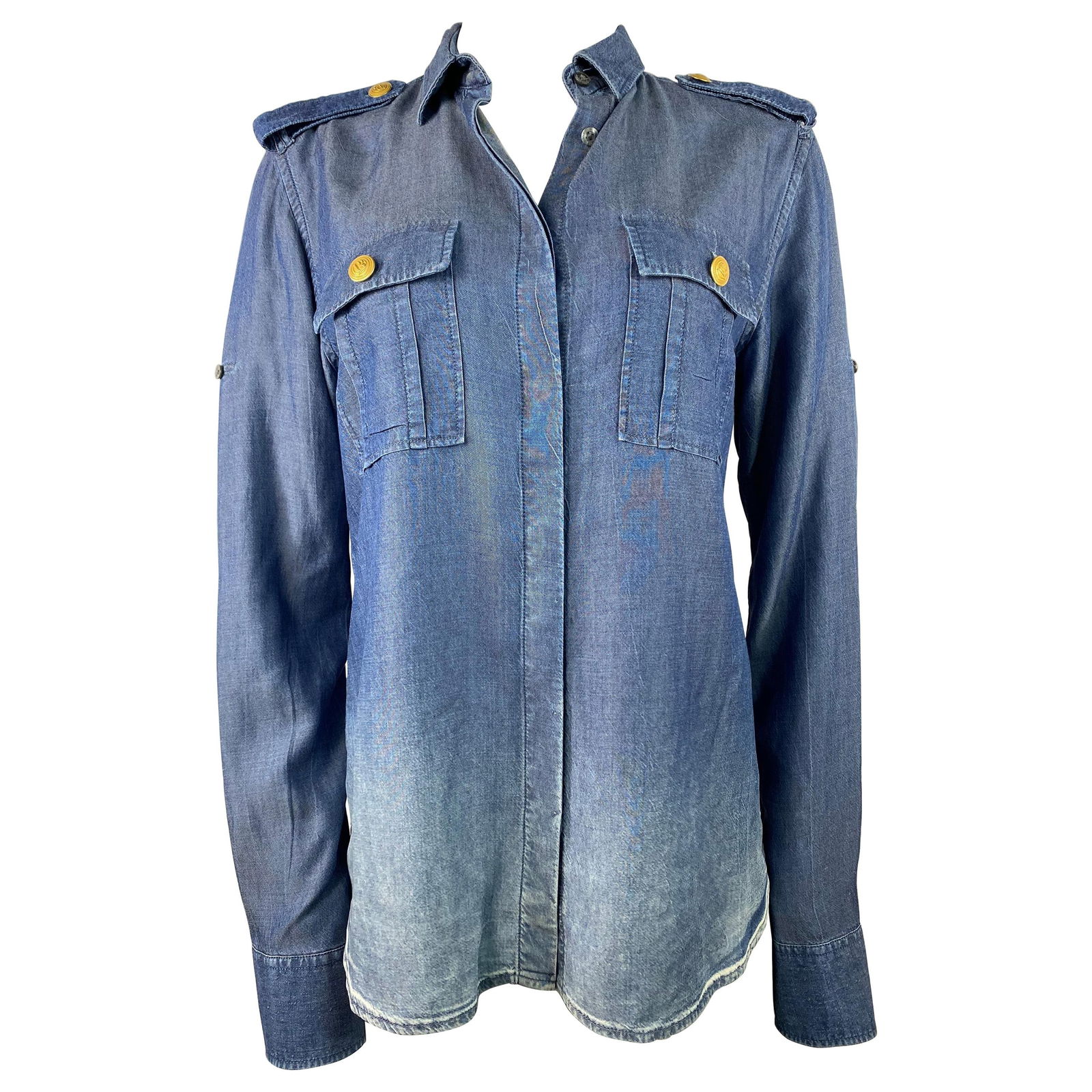 Pierre Balmain Blue Denim Shirt Size 40: Product details: Featuring light wash denim button down shirt with gold plated buttons detail, stamped with B, dual front pockets, collar and adjustable sleeves. Reserve: $472.00 