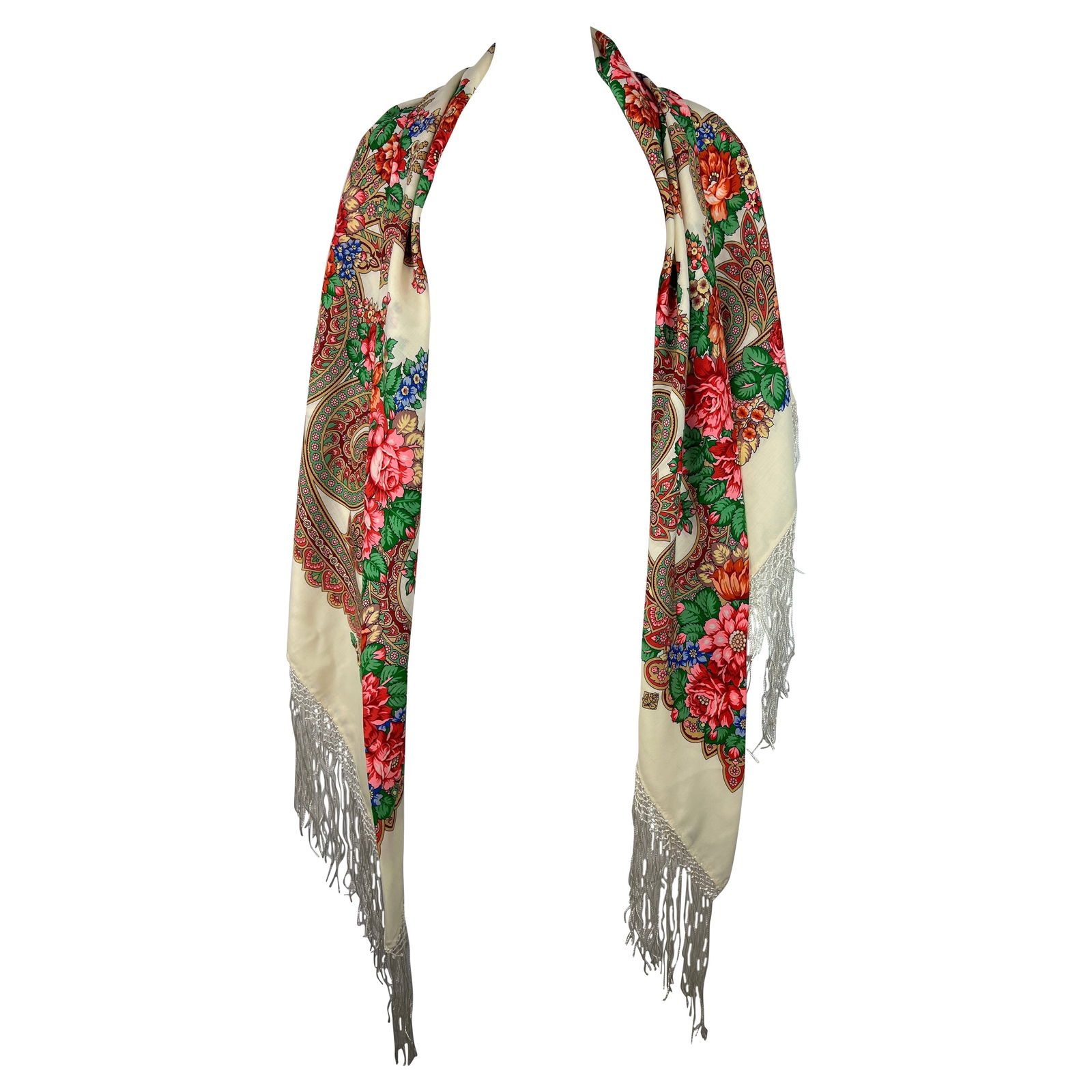 Russian White and Multicolored Wool Scarf Cover Up: Product details: The scarf features multicolored floral print with silk fringe detail, measures 10 inches long. Reserve: $280.00 Shipping:Domestic: Flat-rate of $85.99 to anywhere within