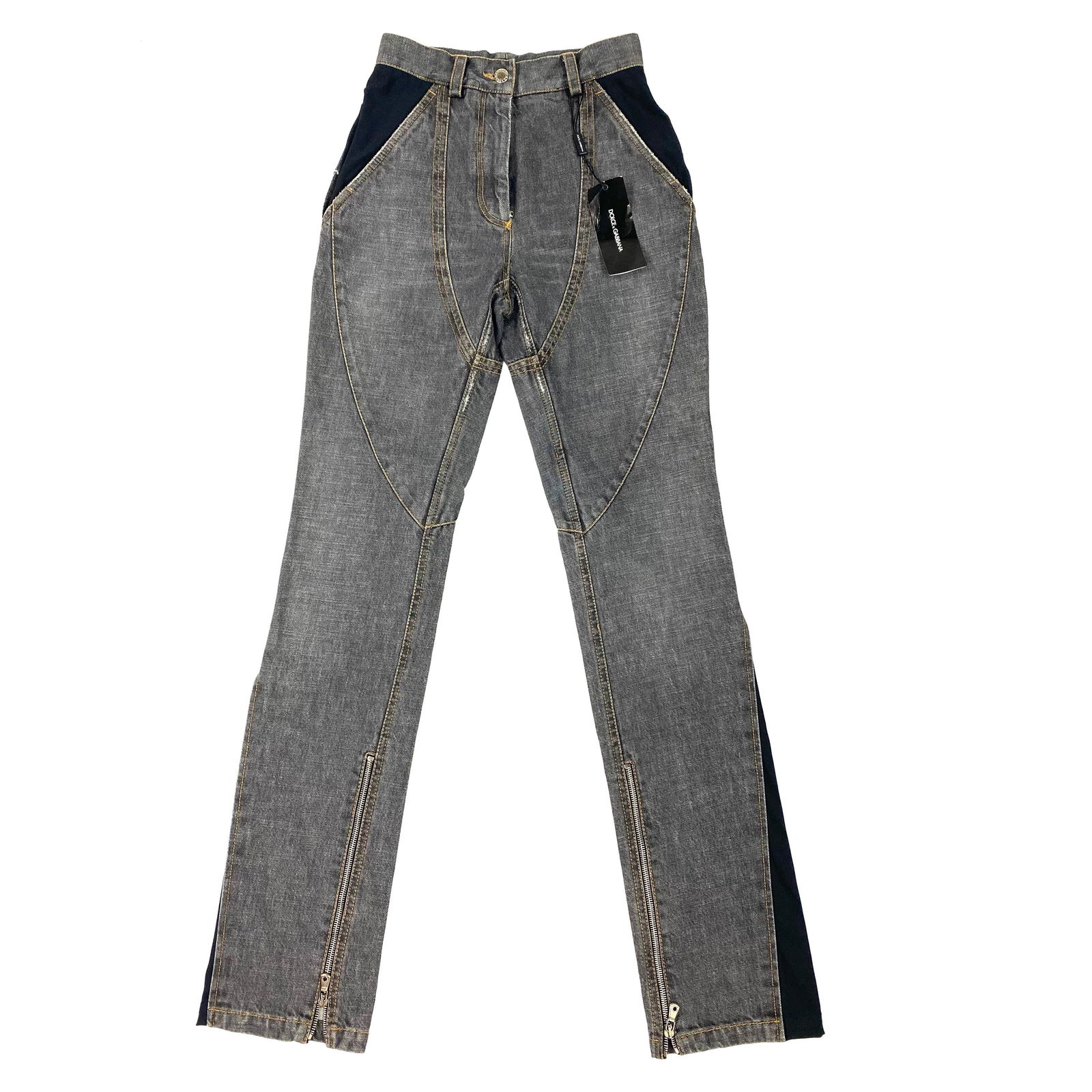 Dolce & Gabbana Black and Grey Skinny Jeans, Size 40: Product details: The jeans are designed by Dolce and Gabbana, they feature grey wash and black mesh detail, high waisted and skinny fit with gold tone hardware. Reserve: $312.00 Shipping: Domestic: