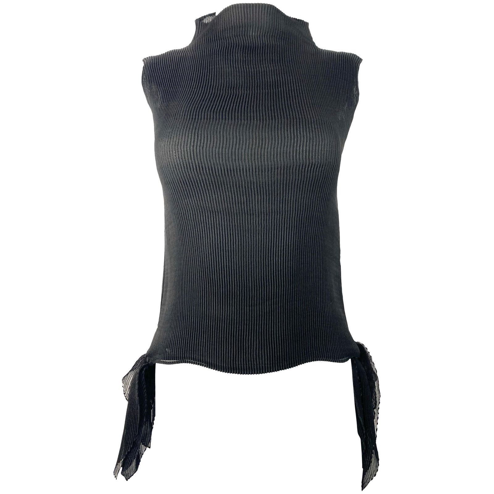 Issey Miyake Black Sleeveless Top Size 2: Product details: Featuring black, sleeveless, collar, pleated detail with side ties design, measure 9" long. Made in Japan. Reserve: $360.00 Shipping: Domestic: Flat-rate of $85.99 to anywhe