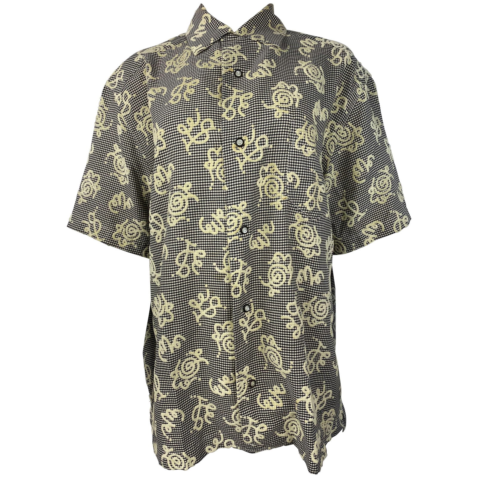 Matsuda Nicole Black and White Plaid Short Sleeve Shirt Size M: Product details: Featuring black and white plaid pattern with white velvet abstract design detail, button down, short sleeves, collar and side pocket detail. Made in Japan. Reserve: $392.00 