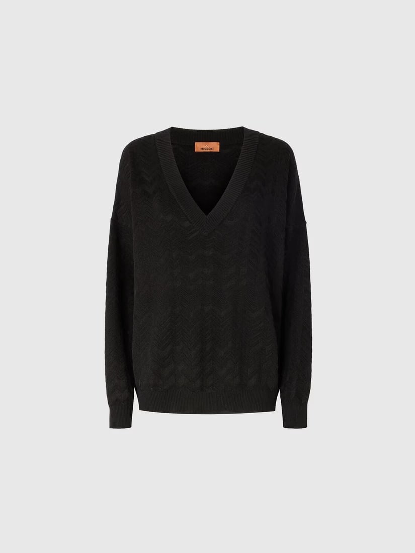 Missoni Black Chevron Knit Oversized V-Neck Sweater IT42 / M – Wool blend: Title:Missoni Black Chevron Knit Oversized V-Neck Sweater IT42 / M – Wool blendDescription:High Black & White Daisies Flowers Wrap Waterfall Front Vest Gillet Top size 44 Missoni Black Chevron