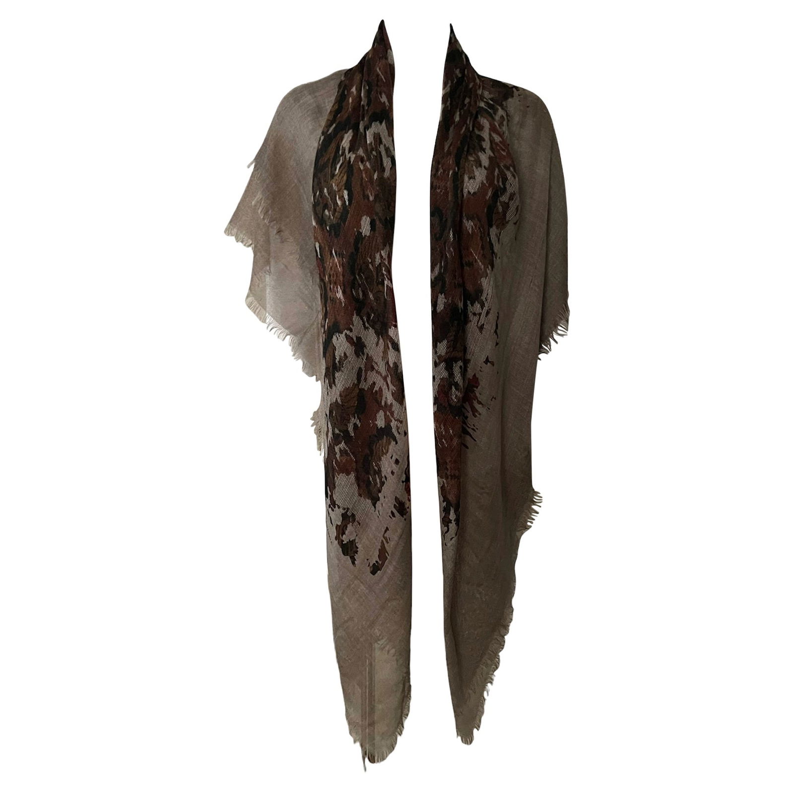 Bottega Veneta Brown & Grey Large Scarf w/ Box: Brown floral motif with Grey background Fringes on the sides Signed Bottega Veneta on the lower right corner Comes with original box & tag No material tag, bit feels like light cashmere Reserve: