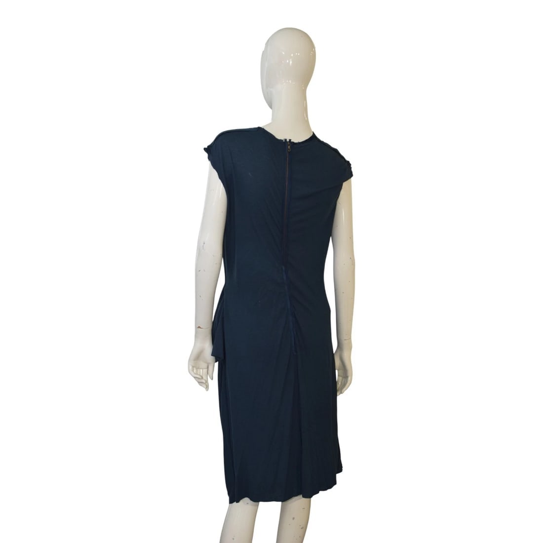 Lanvin Paris Draped Jersey Midi Dress Navy Blue Sleeveless Asymmetric Zip Back S - 2