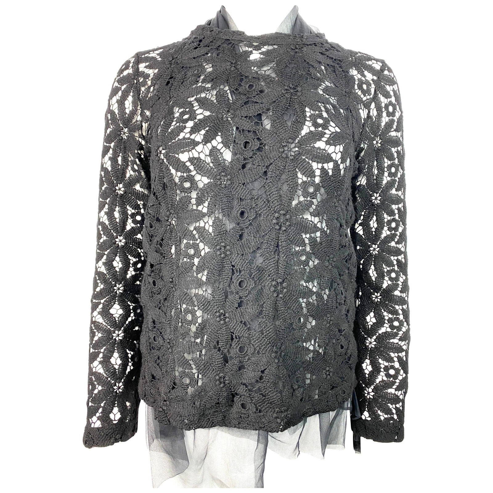 Comme des Garcons Black Wool Long Sleeves Sweater top Size S: Product Details: Featuring black floral knit, long sleeves, crew neck, tulle/ mesh design detail. Made in Japan. Reserve: $392.00 Shipping: Domestic: Flat-rate of $85.99 to anywhere within t