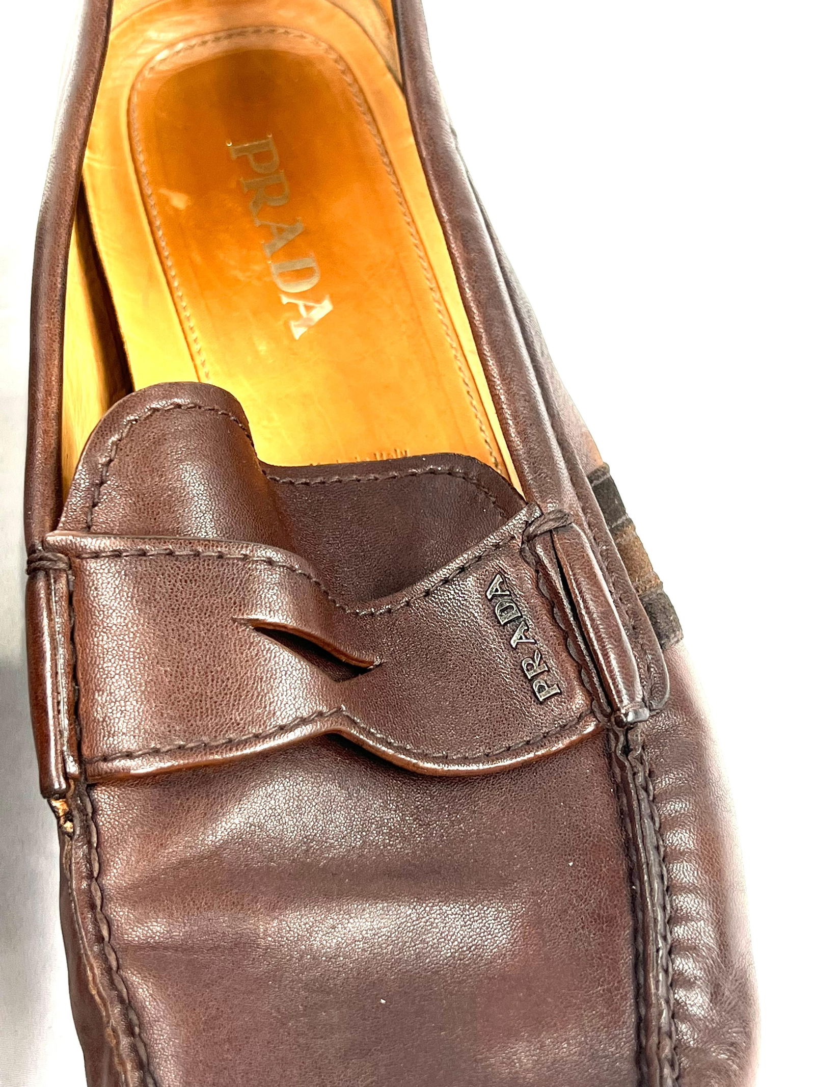 Prada Brown Leather Moccasins Flat Shoes, Size 11 - 14