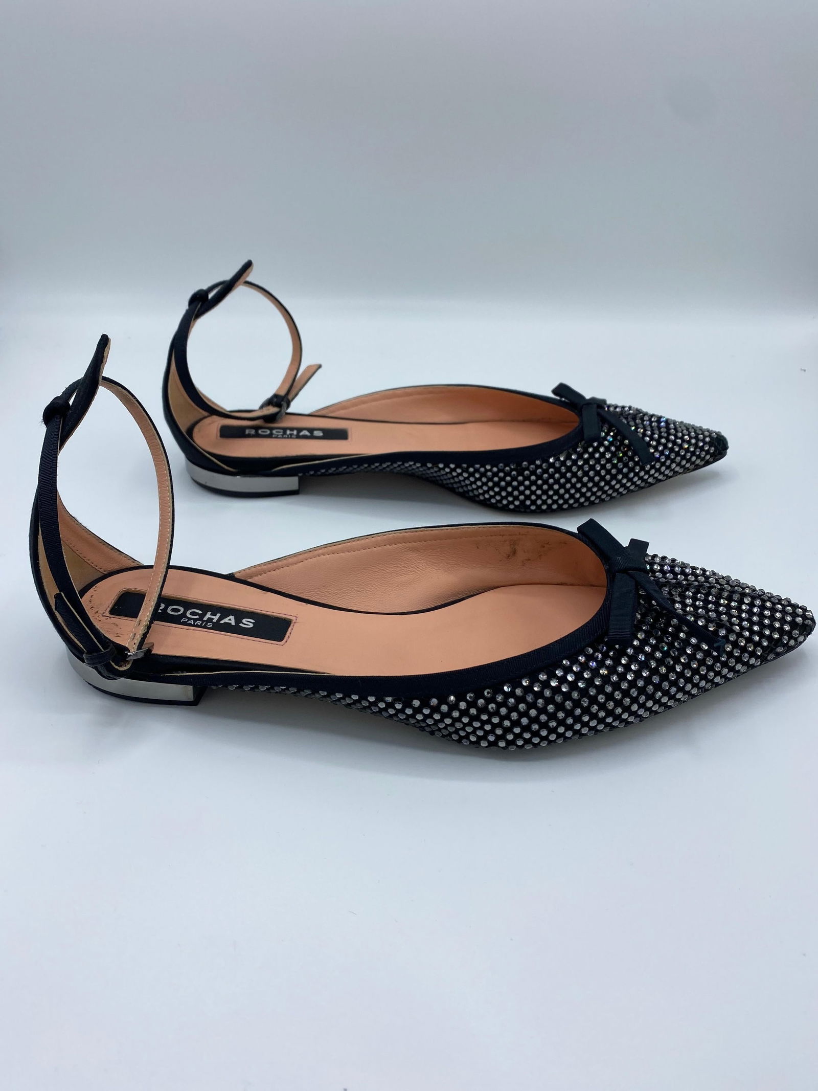 Rochas Paris Satin Grain and Black Pointed Toe Flats, Size 38.5 - 12