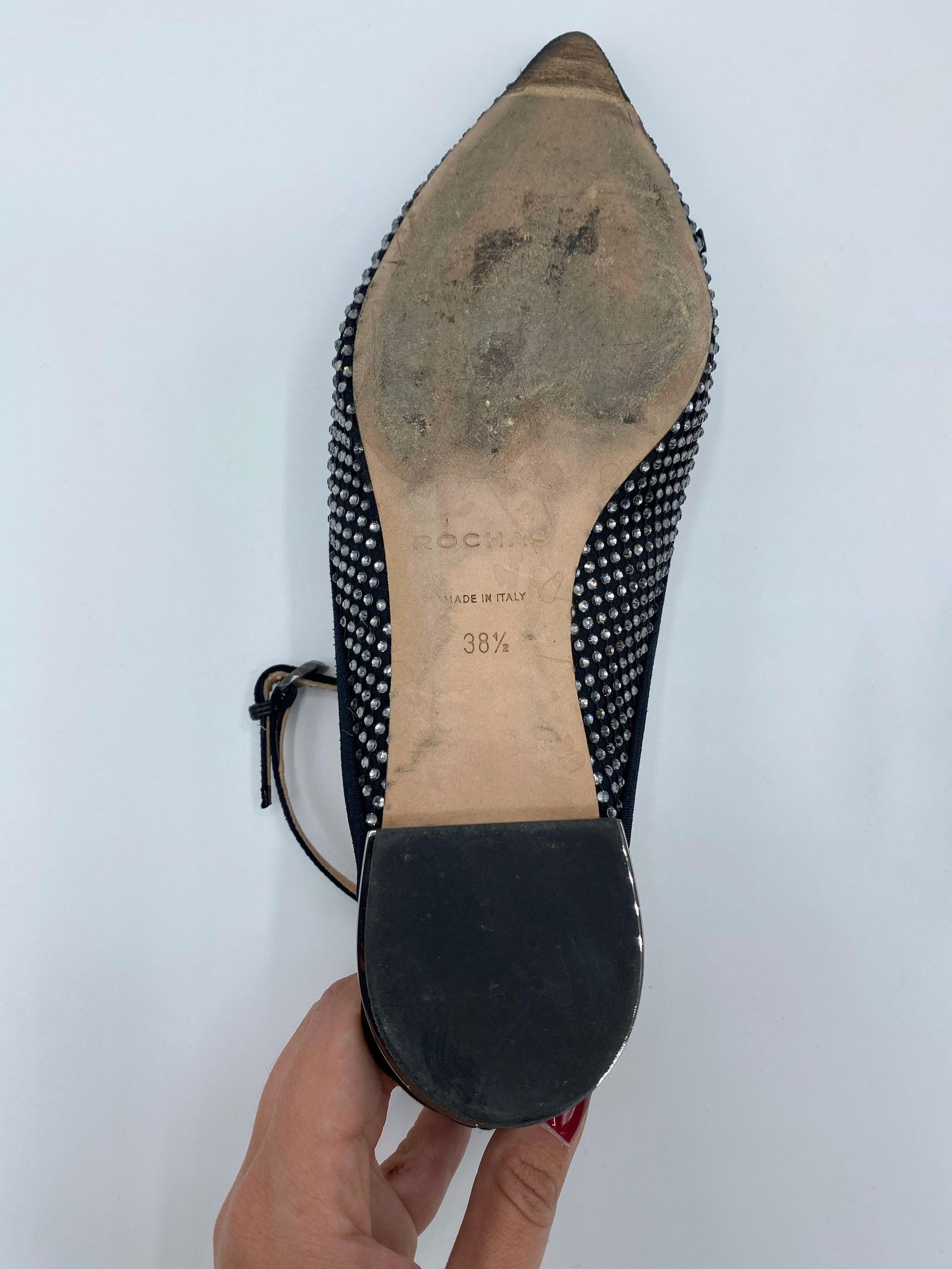 Rochas Paris Satin Grain and Black Pointed Toe Flats, Size 38.5 - 18