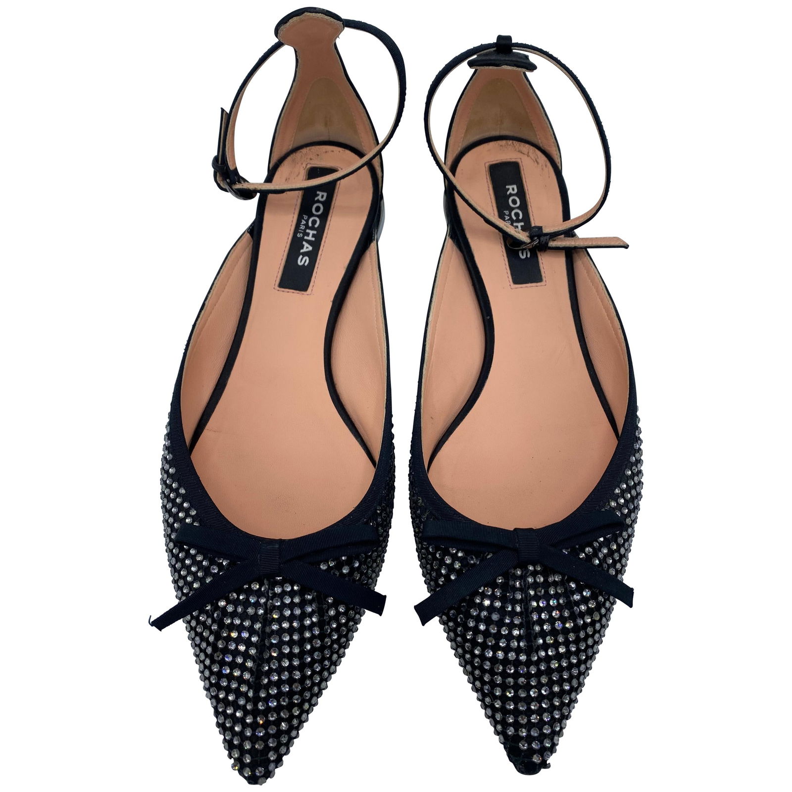 Rochas Paris Satin Grain and Black Pointed Toe Flats, Size 38.5 - 7