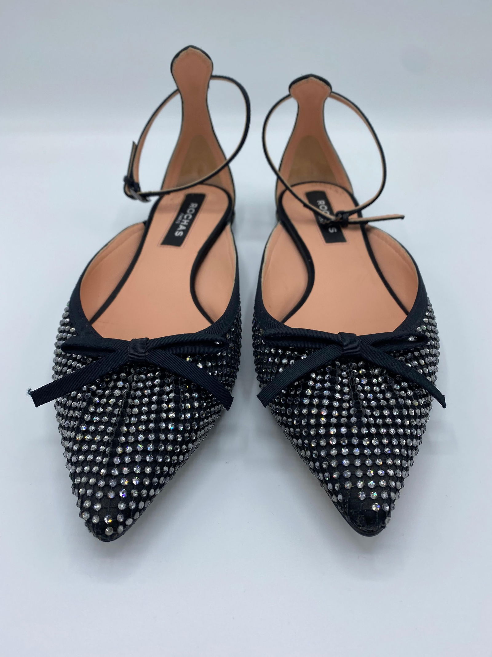 Rochas Paris Satin Grain and Black Pointed Toe Flats, Size 38.5 - 8