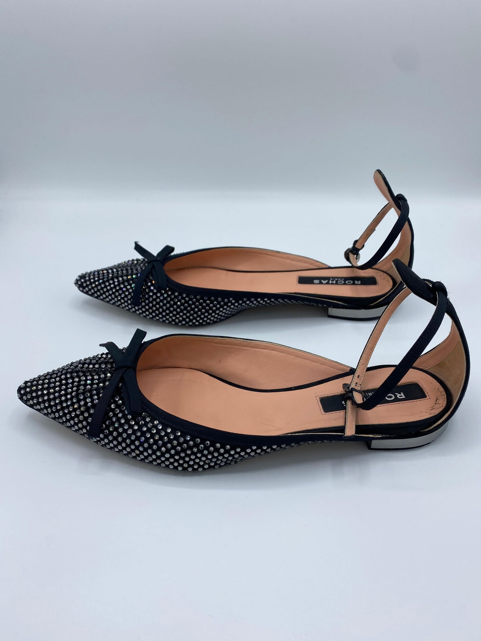 Rochas Paris Satin Grain and Black Pointed Toe Flats, Size 38.5 - 9