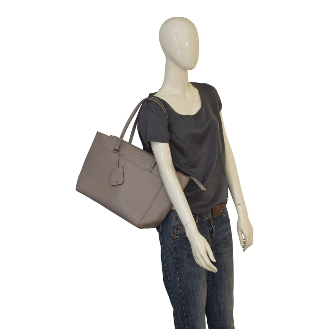 Tory Burch Parker Taupe Leather Tote Bag with Dust Bag Large Everyday Handbag - 2