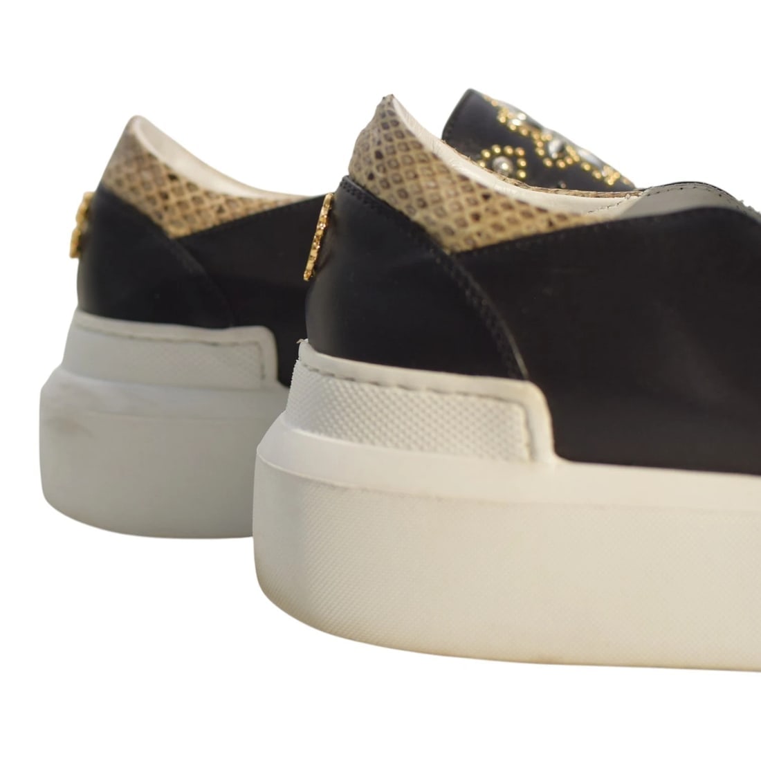 Roberto Cavalli Black Leather Studded Crystal Slip-On Sneaker Platform Shoes 8 - 11