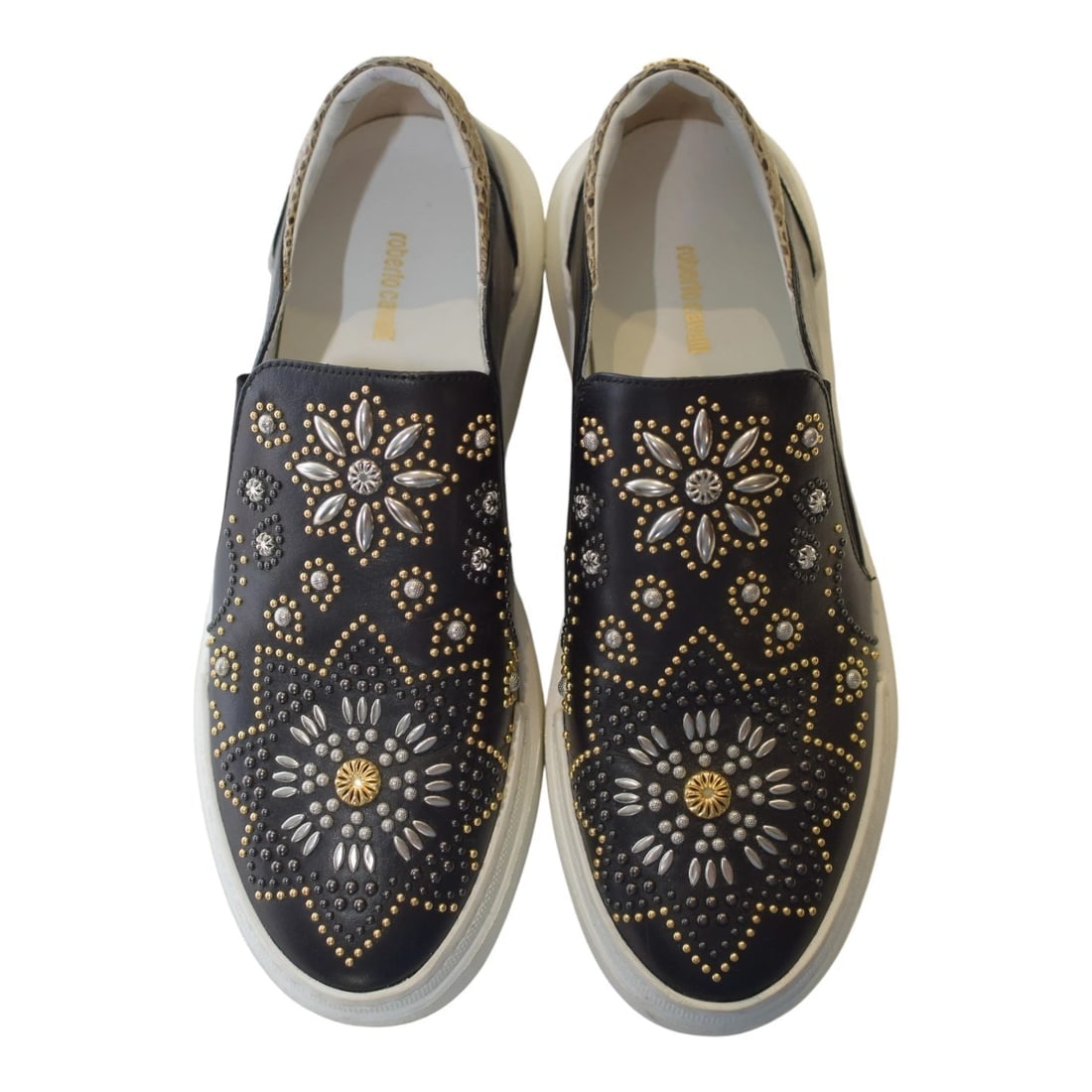 Roberto Cavalli Black Leather Studded Crystal Slip-On Sneaker Platform Shoes 8 - 12