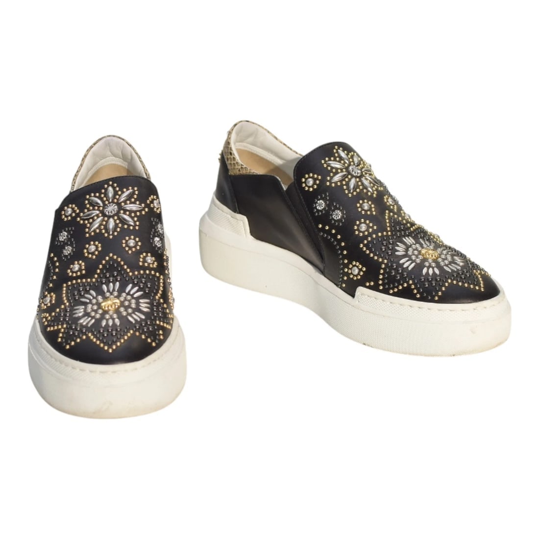 Roberto Cavalli Black Leather Studded Crystal Slip-On Sneaker Platform Shoes 8 - 2