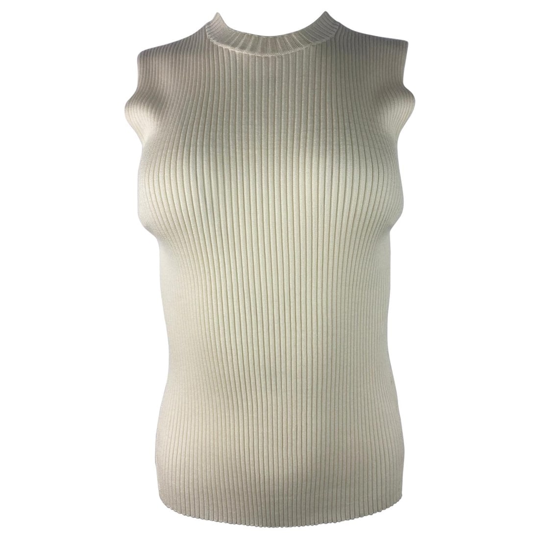 CELINE Cream/ Ivory Knit Top, Size Large: Product details: The top features cream color, crew neck line, sleeveless design with slit details on the sides, designed by Celine. Made in Italy. Reserve: $472.00 Shipping: Domestic: Flat-rate&