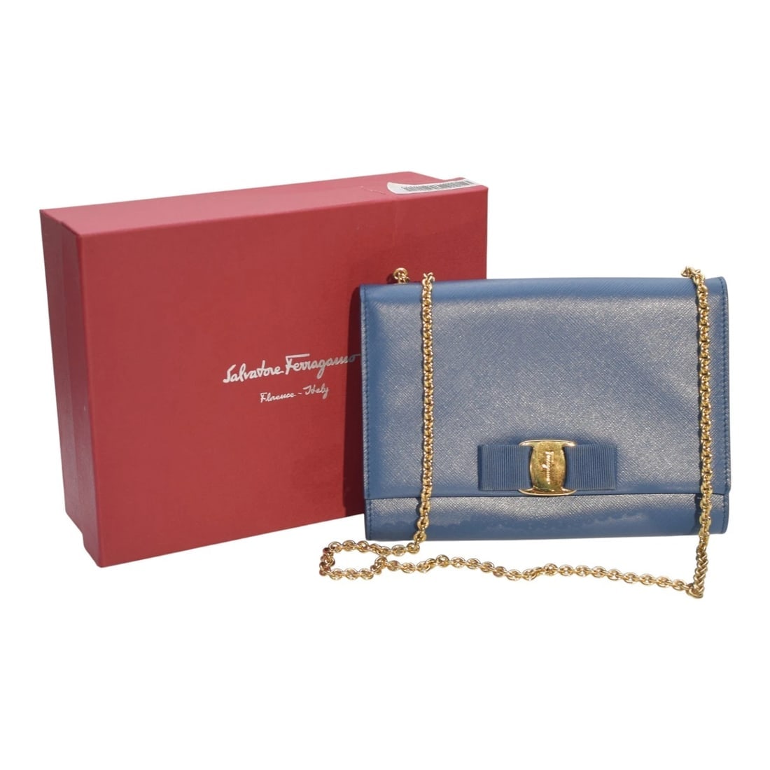 Salvatore Ferragamo Vara Bow Chain Shoulder Bag in Blue Saffiano Leather - 15