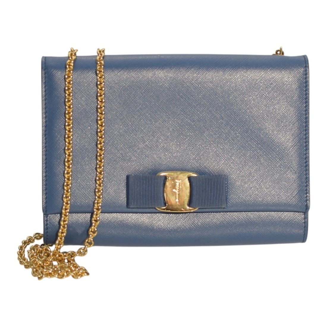 Salvatore Ferragamo Vara Bow Chain Shoulder Bag in Blue Saffiano Leather: Title:Salvatore Ferragamo Vara Bow Chain Shoulder Bag in Blue Saffiano LeatherDescription:Salvatore Ferragamo Vara Bow Chain Shoulder Bag in Blue Saffiano Leather Exude timeless Italian elegance with