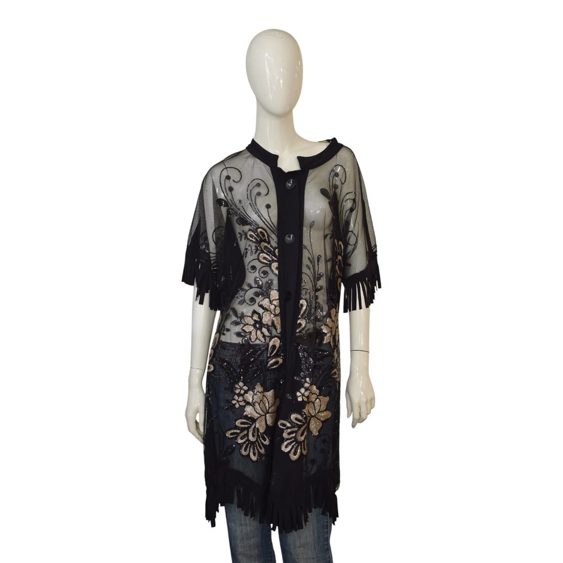 FIA Fashion Sheer Black Kimono Fringe Jacket – Floral Sequin Embroidery Size M/L: Title:FIA Fashion Sheer Black Kimono Fringe Jacket – Floral Sequin Embroidery Size M/LDescription:FIA Fashion Sheer Black Kimono Fringe Jacket – Floral Sequin Embroidery Size M/L Add a