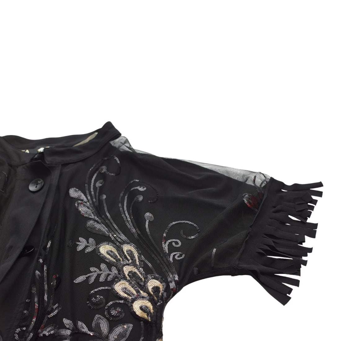 FIA Fashion Sheer Black Kimono Fringe Jacket – Floral Sequin Embroidery Size M/L - 6