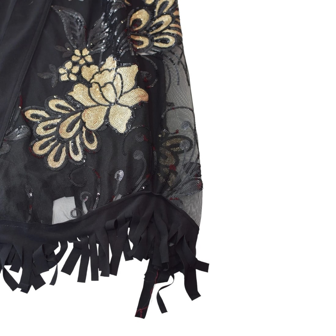 FIA Fashion Sheer Black Kimono Fringe Jacket – Floral Sequin Embroidery Size M/L - 7