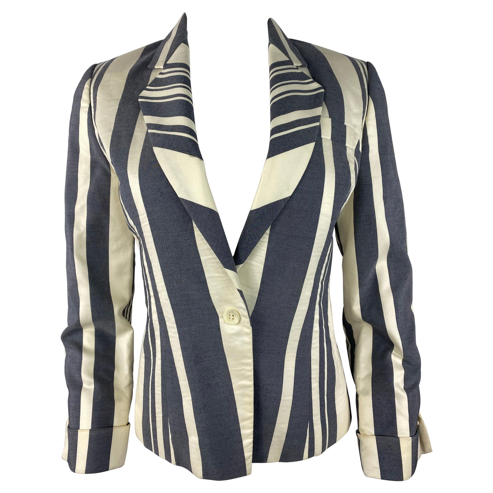 Carolina Herrera White and Blue Blazer Jacket, Size 6: Product details: The blazer is designed by American designer Carolina Herrera, it features striped pattern design with one front button closure. Reserve: $472.00 