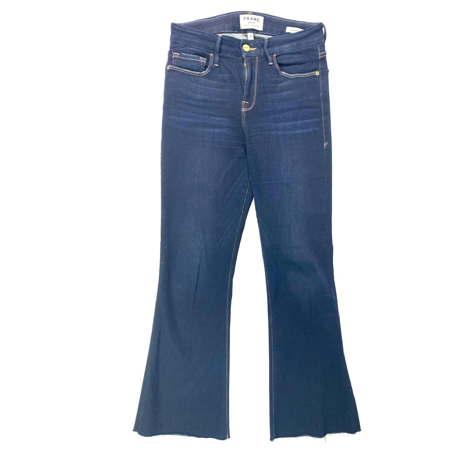Frame Le Cropped Mini Boot Navy Denim Jeans, Size 26: Product details: The jeans feature dark blue denim wash with straight leg fit through the knee and small boot fit after. High raise and cropped fit, stretchy fabric. Reserve: $200.00 Shipping: Domesti