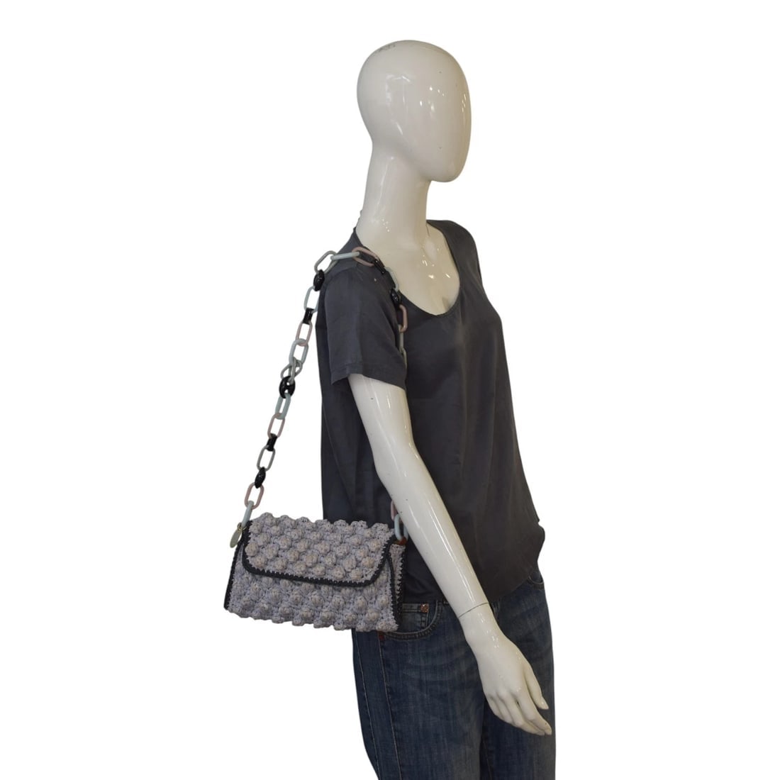 Missoni 3D Gray Wicker Crochet Medium Shoulder Bag Multicolor Resin Chain Strap - 14