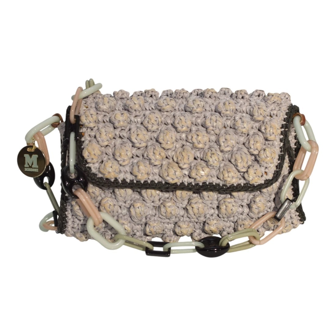 Missoni 3D Gray Wicker Crochet Medium Shoulder Bag Multicolor Resin Chain Strap: Title:Missoni 3D Gray Wicker Crochet Medium Shoulder Bag Multicolor Resin Chain StrapDescription:Missoni 3D Gray Wicker Crochet Medium Shoulder Bag Multicolor Resin Chain Strap Add a touch of Italian