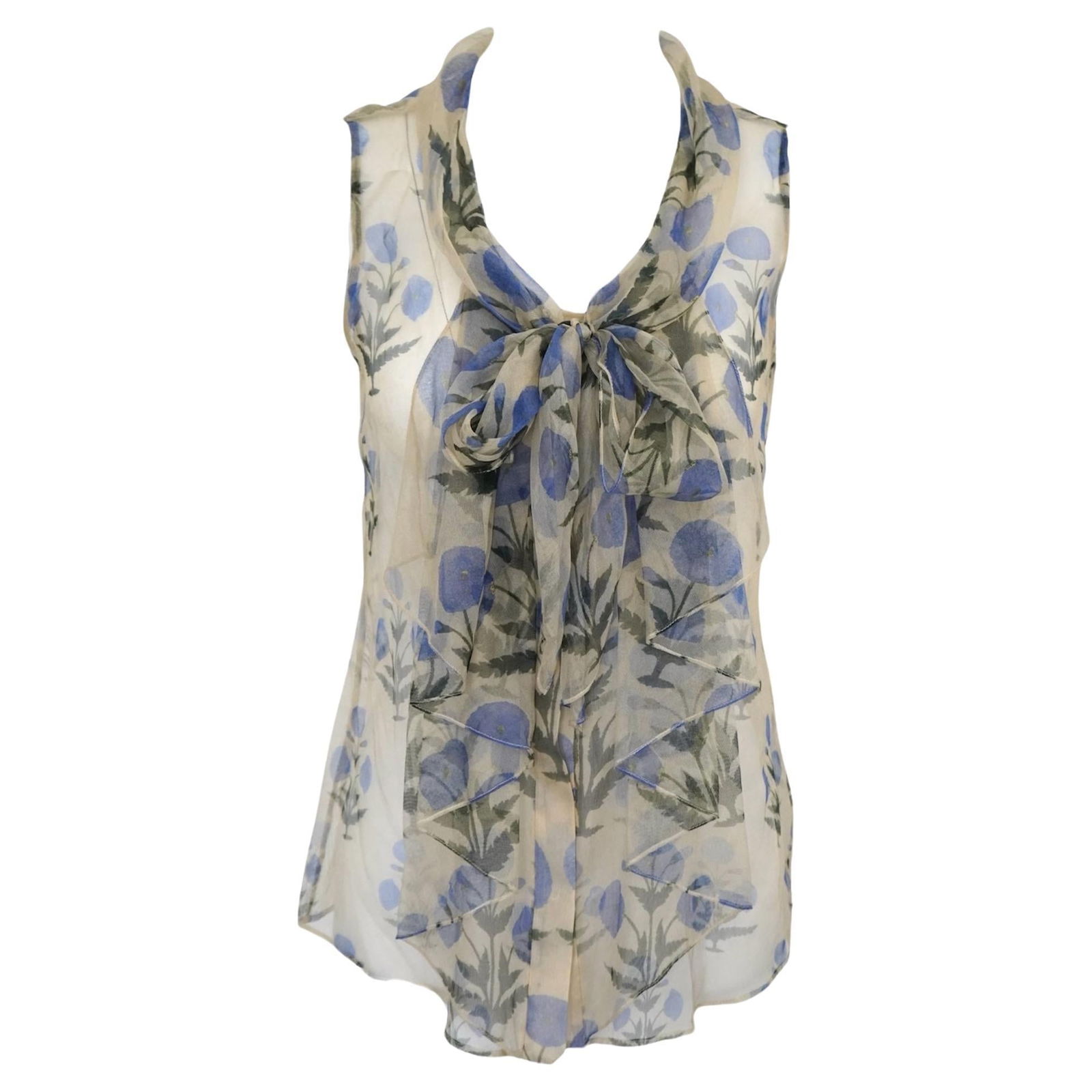 Oscar De La Renta Sheer Floral Sleeveless Blouse: Great vintage condition Size/material tag was cut off Fits like a small Blue floral design Hidden button closure with a tie neck Length: 24" Bust: 37" Waist: 35" Reserve: $300.00 Shipping: Domestic:&#