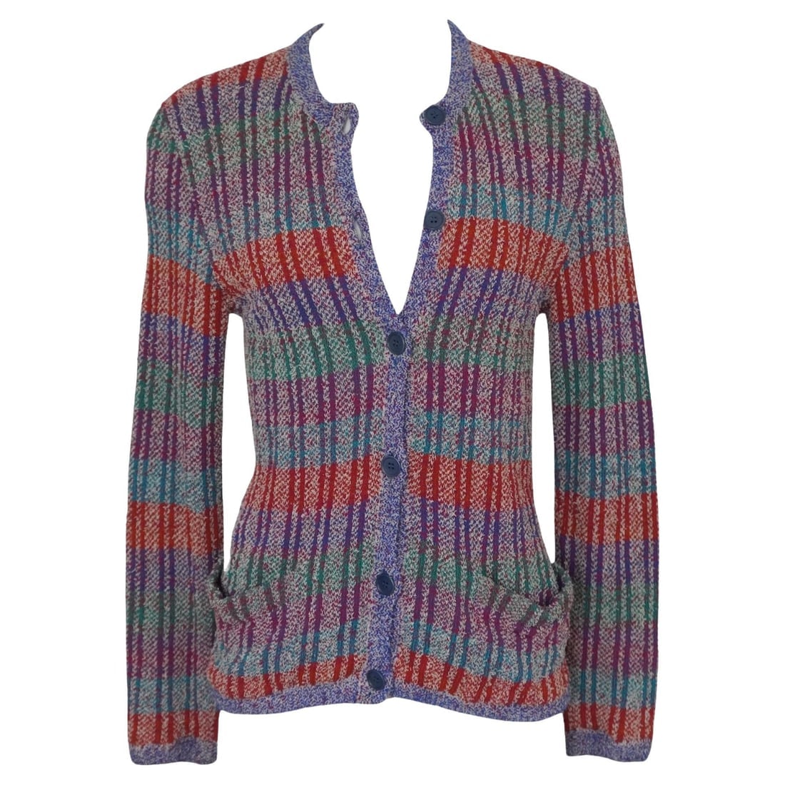 Missoni Colorful Striped Cardigan Sweater: This colorful Missoni cardigan sweater is in great condition. It has a 6 blue button closure, with 2 front pockets. It is made of cotton, wool, linen, & nylon, in the colors: royal blue, light blue,