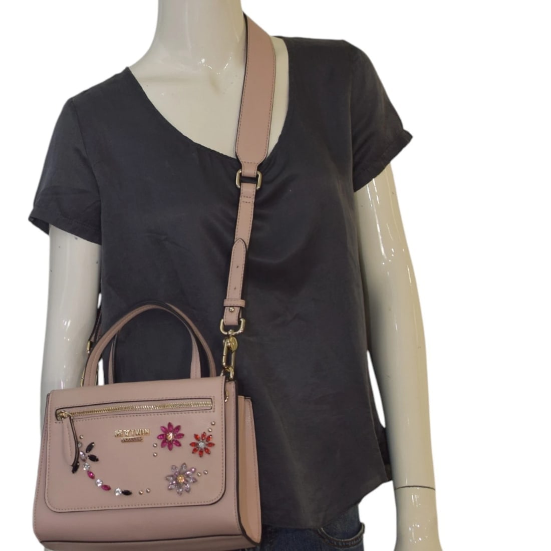 My Twin Twinset Nude Pink Embellished Handbag with Detachable Pouch & Strap - 19