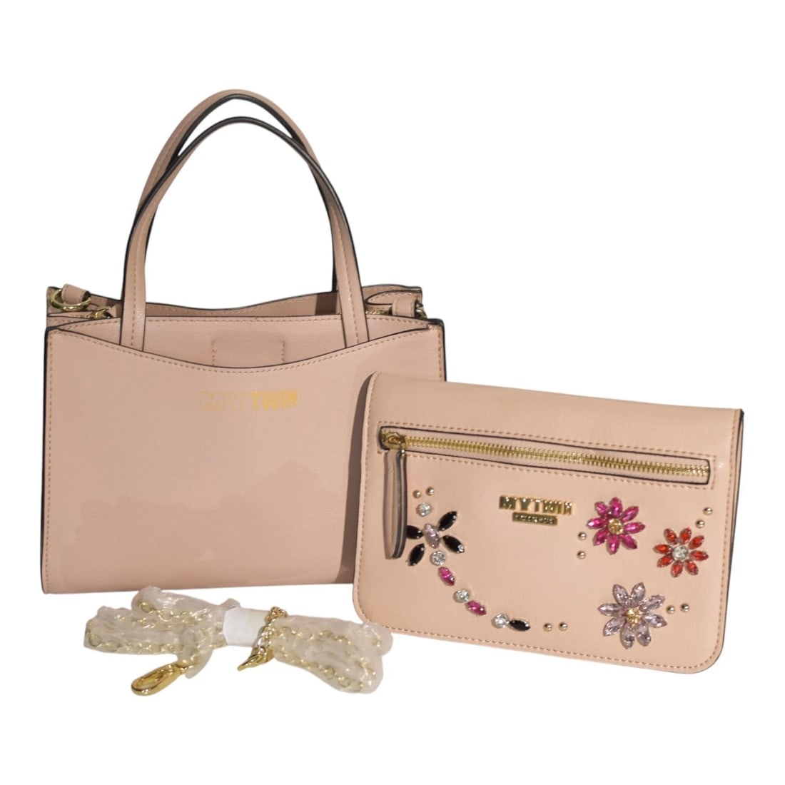 My Twin Twinset Nude Pink Embellished Handbag with Detachable Pouch & Strap: Title:My Twin Twinset Nude Pink Embellished Handbag with Detachable Pouch & StrapDescription:My Twin Twinset Nude Pink Embellished Handbag with Detachable Pouch & Shoulder Strap Chic and feminine,