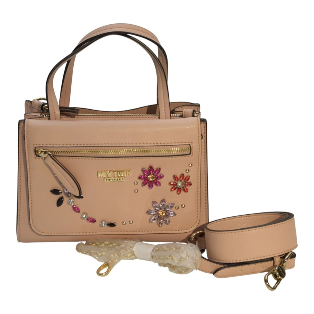 My Twin Twinset Nude Pink Embellished Handbag with Detachable Pouch & Strap - 5