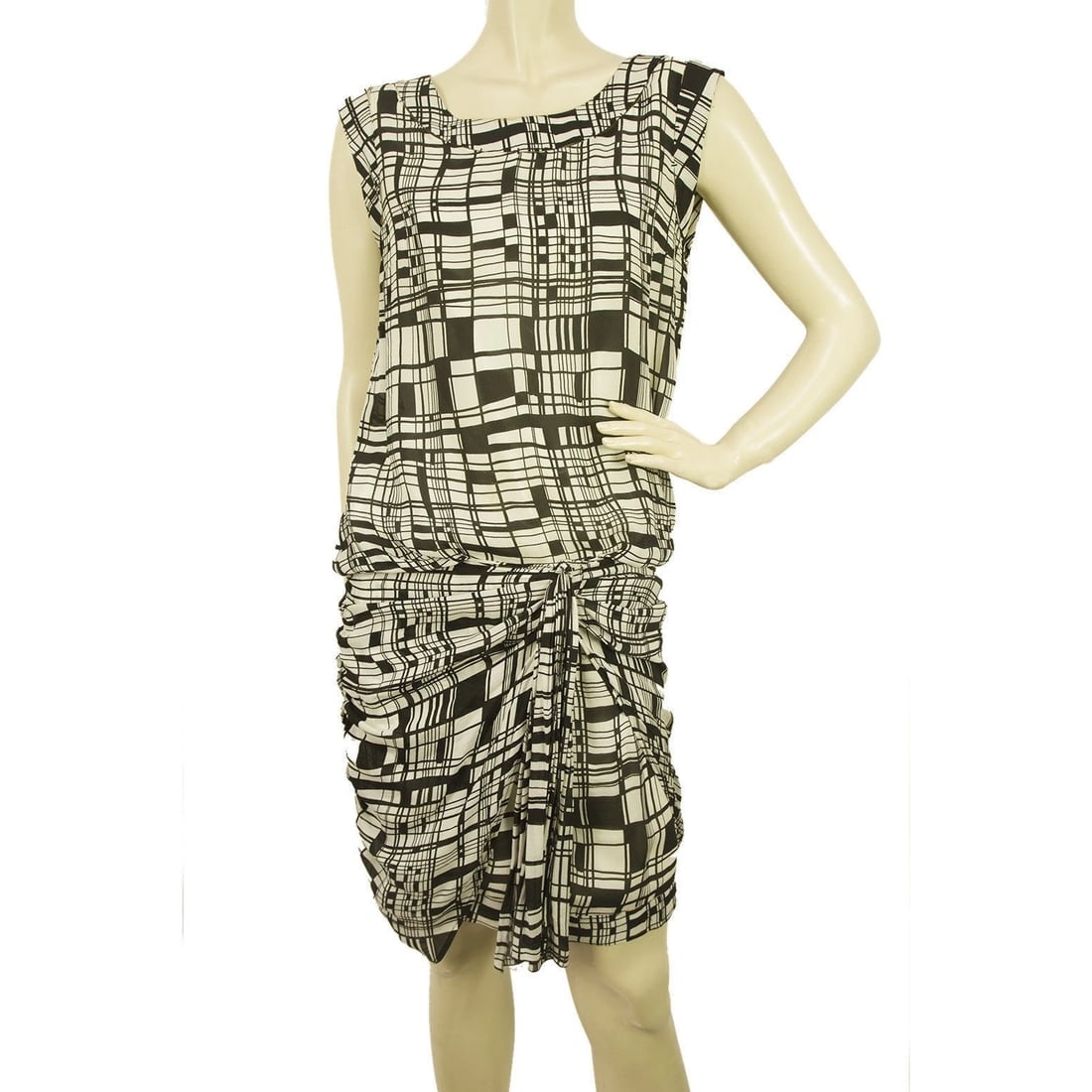 Anna Molinari Geometrical Printed Black White Silk Draped mini Dress: Title:Anna Molinari Geometrical Printed Black White Silk Draped mini Dress Description:Anna Molinari Geometrical Printed Black White Silk Draped mini Dress Anna Molinari Geometrical Printed Black Whit