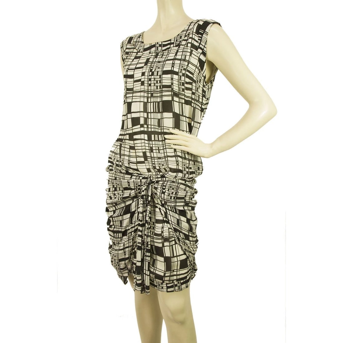 Anna Molinari Geometrical Printed Black White Silk Draped mini Dress - 3
