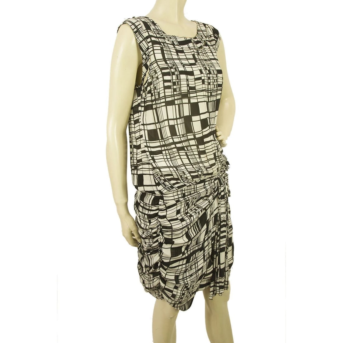 Anna Molinari Geometrical Printed Black White Silk Draped mini Dress - 4