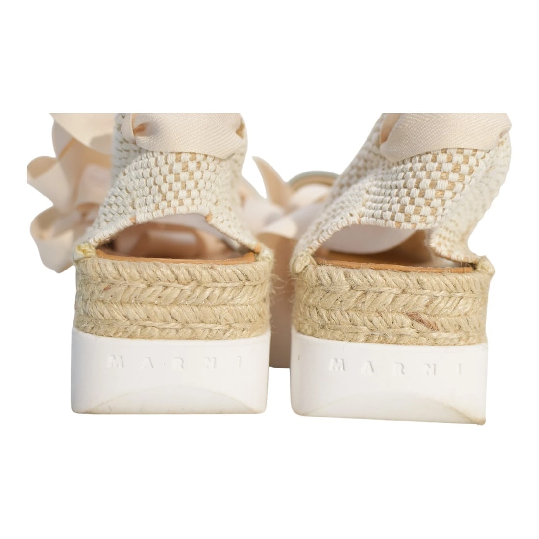 Marni Beige Black Fabric Ankle Tie Up Espadrille Platform Shoes size 38 - 12