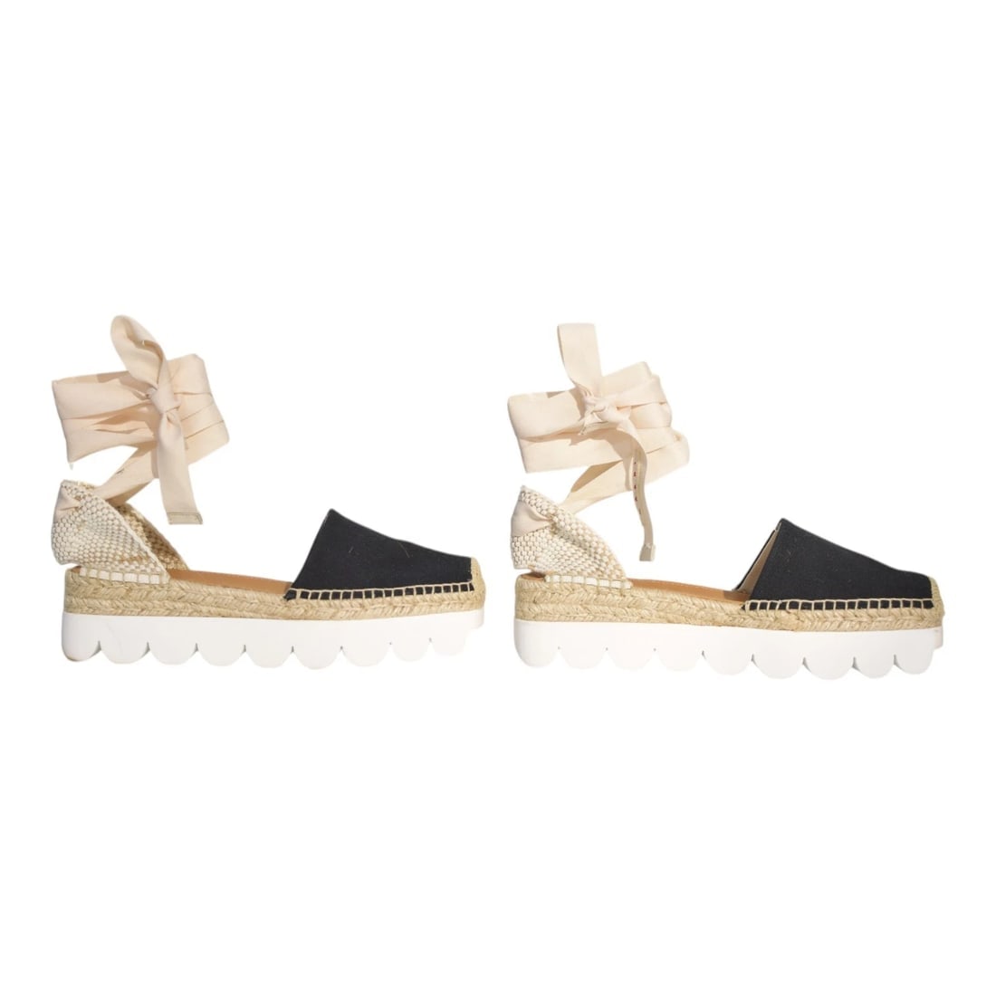 Marni Beige Black Fabric Ankle Tie Up Espadrille Platform Shoes size 38 - 3
