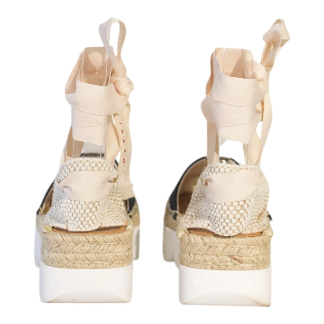 Marni Beige Black Fabric Ankle Tie Up Espadrille Platform Shoes size 38 - 5