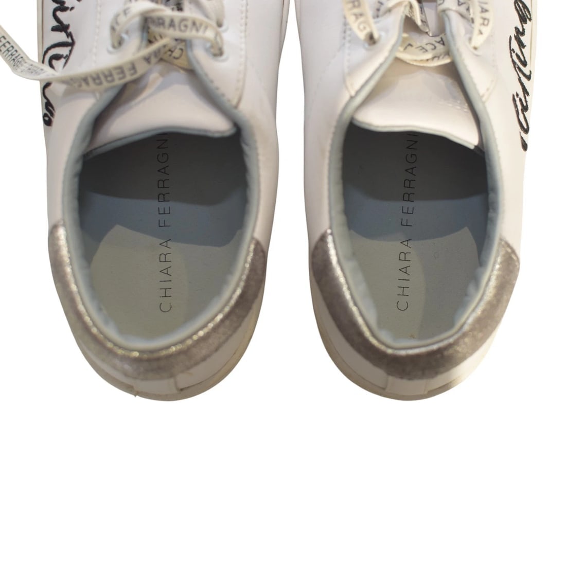 Chiara Ferragni White Leather Sneakers “Flirting” Logo Glitter Flatform 38 US 8 - 14