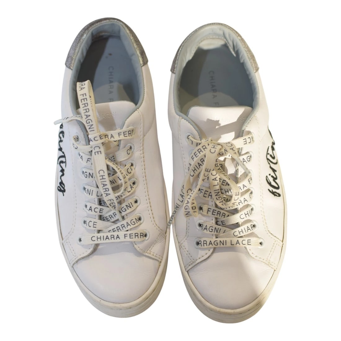Chiara Ferragni White Leather Sneakers “Flirting” Logo Glitter Flatform 38 US 8 - 15