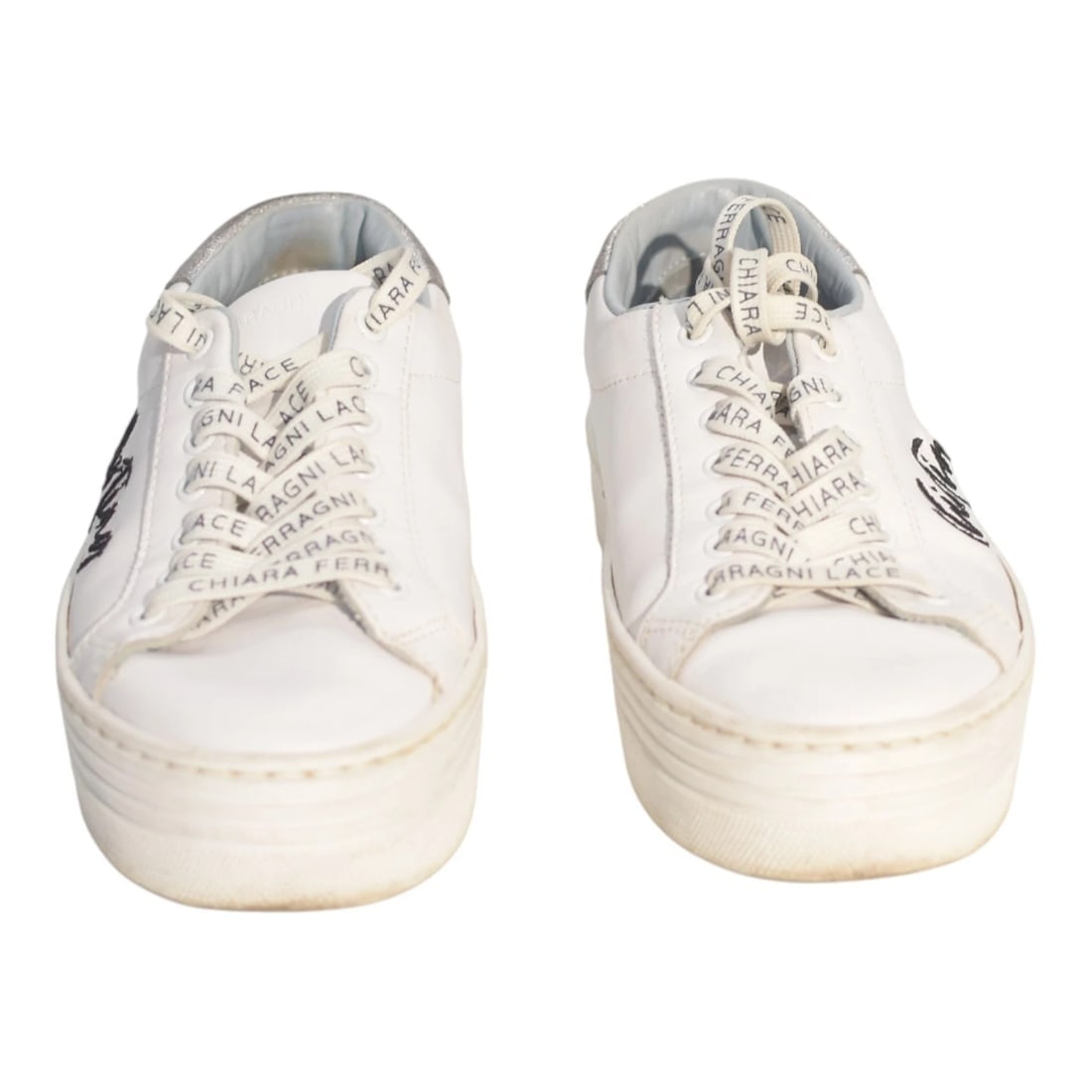 Chiara Ferragni White Leather Sneakers “Flirting” Logo Glitter Flatform 38 US 8 - 3