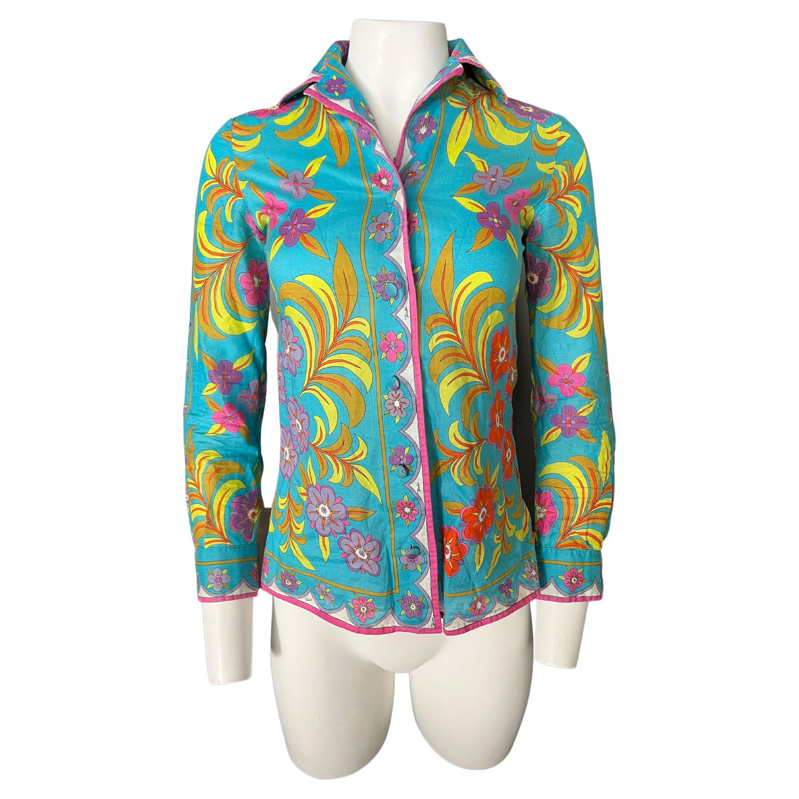 Vintage Emilio Pucci Multicolored Button Down Shirt Blouse, Size 8: Featuring blue, pink, purple, yellow, orange colors 100% cotton Floral motif pattern Long sleeves Collar Front button closure Fits XS/S Reserve: $360.00 Shipping: Domestic: Flat-rate of $85.