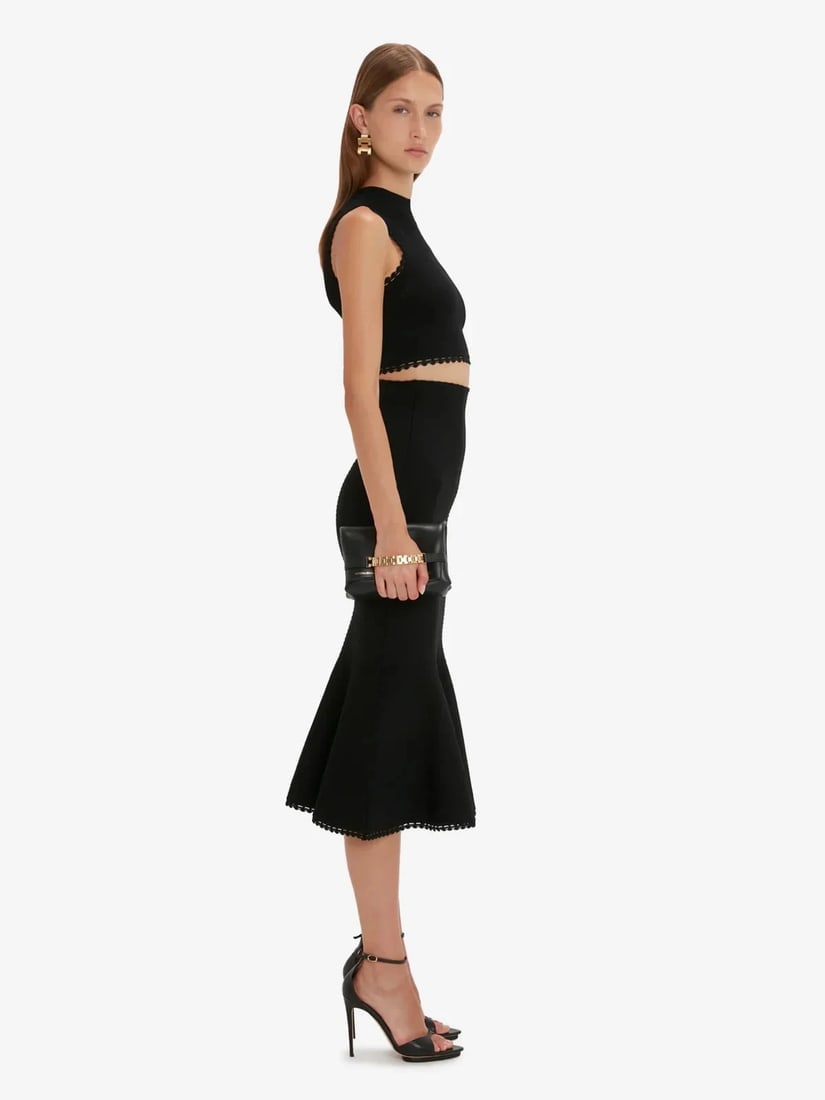VB Body Victoria Beckham Black Scallop Trim Crop Top & Flared Midi Skirt Set 6 - 4