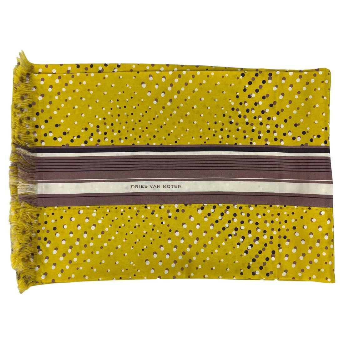 Dries Van Noten Yellow Silk Scarf: Product details: The scarf is made out of 100% silk, featuring yellow, white and brown colors with geometric stripes and circles print with fringe detail. Reserve: $240.00 